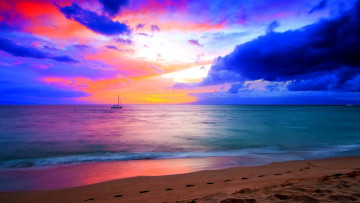 обоя colorful, world, природа, восходы, закаты, закат, краски, побережье, яхта, океан