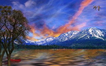 Картинка morning magic 3д графика nature landscape природа лодка облака деревья горы озеро
