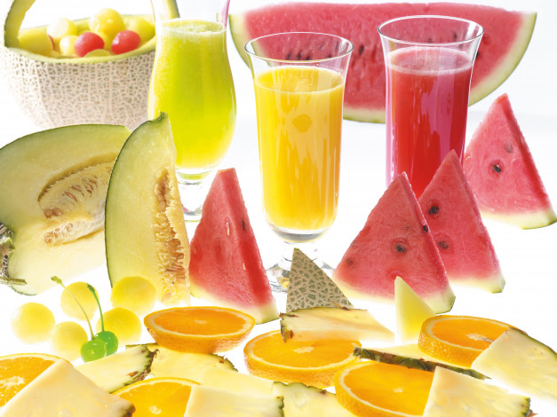 Обои картинки фото еда, напитки, сок, стаканы, арбуз, дыня, апельсин