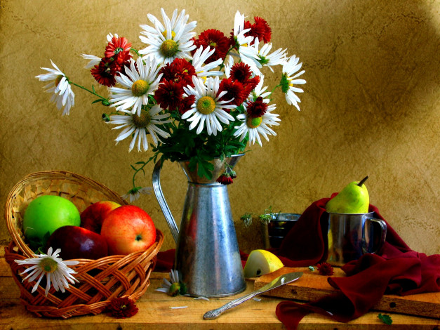 Обои картинки фото еда, натюрморт, груши, яблоки, цветы