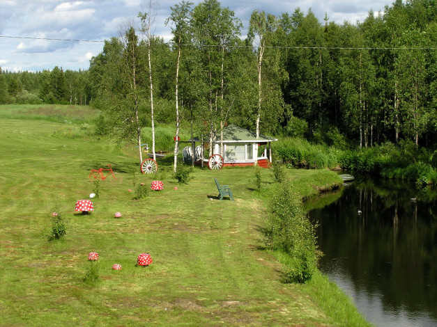 Обои картинки фото финляндия, природа, реки, озера, скамейки, река, веранда, лес