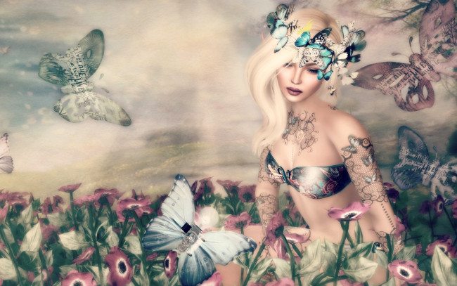 Обои картинки фото фэнтези, девушки, блондинка, цветы, бабочки, девушка