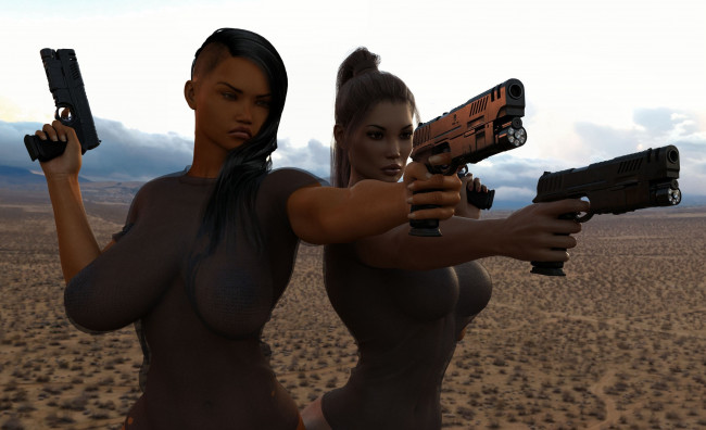 Обои картинки фото 3д графика, фантазия , fantasy, девушки, взгляд, фон, оружие