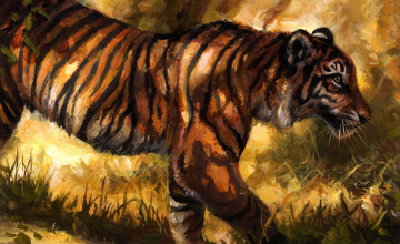 обоя рисованное, животные,  тигры, трава