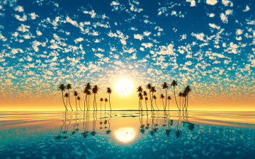 Картинка разное компьютерный+дизайн вода солнце закат отражение пальмы остров