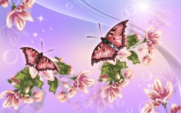 обоя рисованное, животные,  бабочки, цветы, бабочки, обои