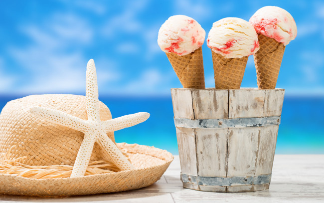 Обои картинки фото еда, мороженое,  десерты, шляпа, морская, звезда, ведерко