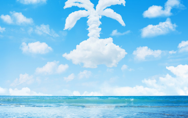 Обои картинки фото разное, компьютерный дизайн, песок, море, облака, пальма