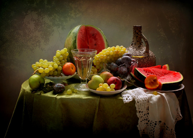 Обои картинки фото еда, натюрморт, сливы, нектарины, яблоки, фрукты, лето, виноград, вино, арбуз