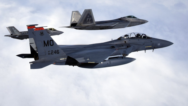 Обои картинки фото авиация, боевые самолёты, f-22, raptor, f-15, ввс, сша, lightning, ii, f-35, strike, eagle, air, force