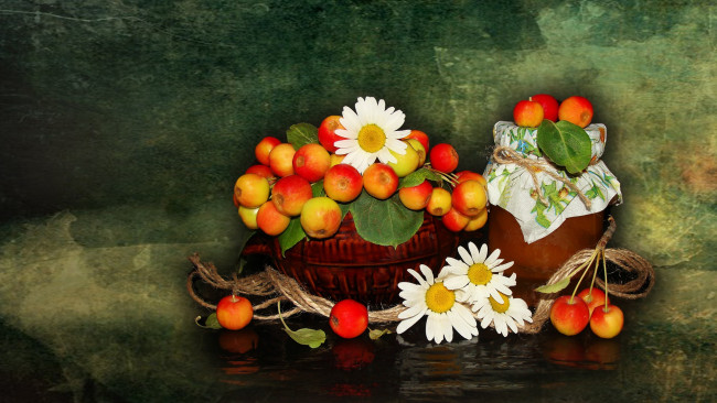 Обои картинки фото еда, Яблоки, harmony, красивые, корзинка, ваза, красота, beauty, китайка, beautiful, ромашки, яблоки, природа, цветы, настроение