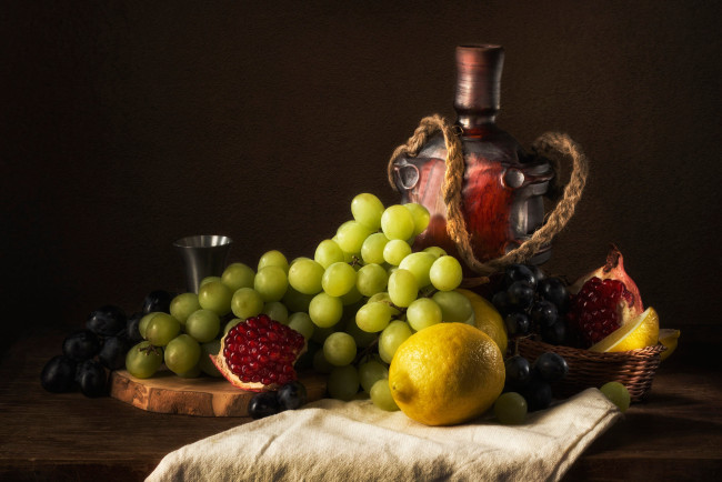 Обои картинки фото еда, натюрморт, лимон, виноград