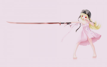 Картинка аниме bakemonogatari oshino+shinobu девушка платье шлем катана оружие