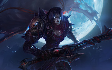 Картинка world of warcraft видео игры горящие глаза луна меч доспехи ночь шипы кровь воительница
