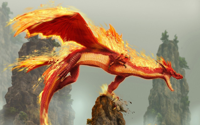 Обои картинки фото фэнтези, драконы, дракон, когти, полет, крылья, огонь