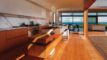 Картинка интерьер кухня море окно шкафы стулья стол