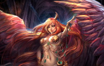 Картинка фэнтези ангелы рыжая девушка рог крылья ангел