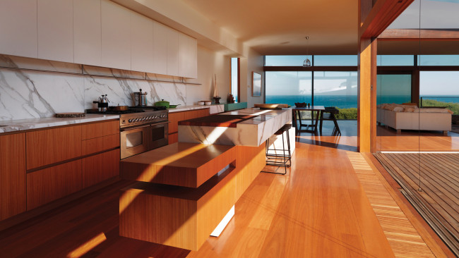 Обои картинки фото интерьер, кухня, море, окно, шкафы, стулья, стол