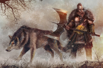 Картинка фэнтези люди зима воин викинг топор волк