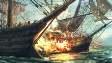 обоя фэнтези, корабли, огонь, пираты, море, битва