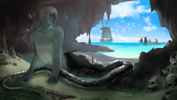 Картинка фэнтези русалки корабль пещера пираты черепа существо