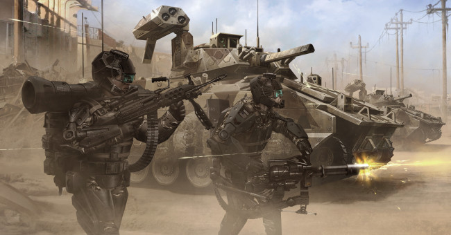 Обои картинки фото фэнтези, роботы,  киборги,  механизмы, будущее, оружие, война, бронетехника, киборги, солдаты