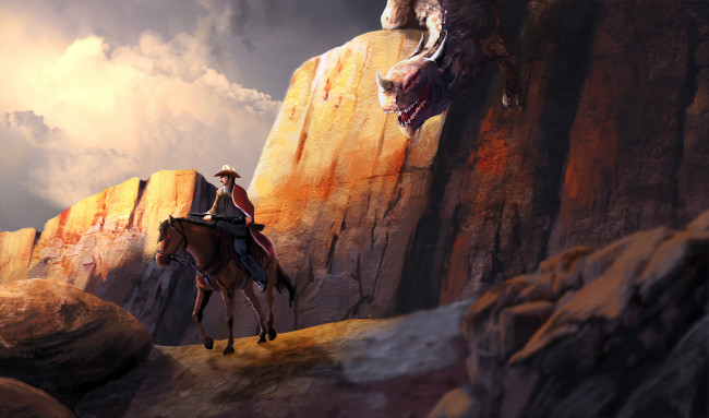 Обои картинки фото фэнтези, драконы, дракон, скалы, лошадь, всадник