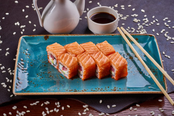 Картинка еда рыба +морепродукты +суши +роллы роллы кунжут соус лосось