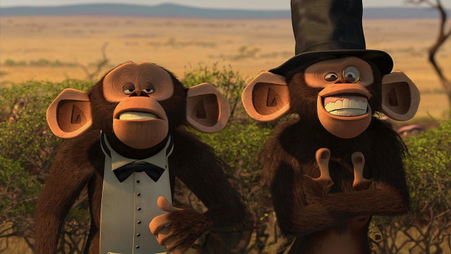 Обои картинки фото мультфильмы, madagascar,  escape 2 africa, обезьяна, двое, шляпа