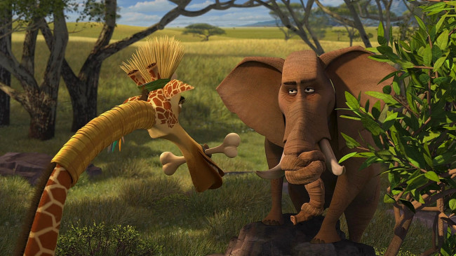 Обои картинки фото мультфильмы, madagascar,  escape 2 africa, жираф, растения, кость, слон