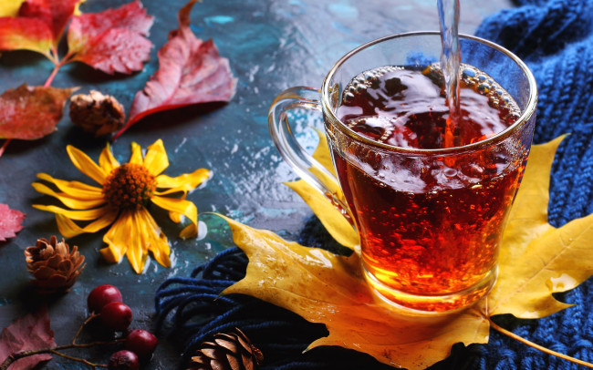 Обои картинки фото еда, напитки,  Чай, напиток, чай, листья, осень
