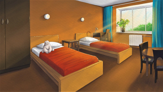 Обои картинки фото рисованное, - другое, комната, кровати, мишка, окно, шкаф
