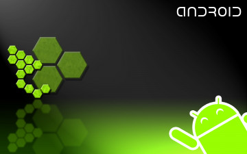 обоя компьютеры, android, тёмный, зелёный, шестиграники, логотип
