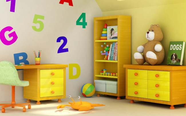 Обои картинки фото интерьер, детская, комната, игрушки, стул, карандаши, мяч, дизайн, цифры, книги, мишка