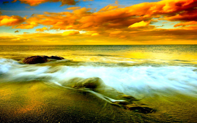 Обои картинки фото sunset, clouds, природа, побережье, облака, волны, море, берег, горизонт