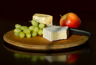 обоя еда, разное, натюрморт, нож, сыр, яблоко, виноград