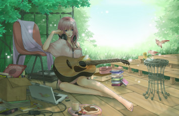 Картинка аниме vocaloid птицы девушка завтрак ноутбук табурет гитара