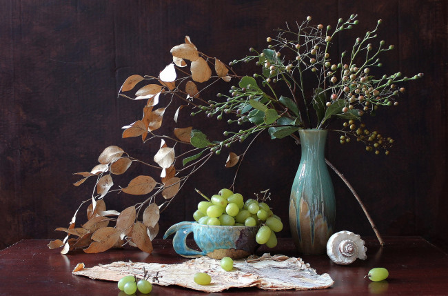 Обои картинки фото еда, натюрморт, виноград, листья, ракушка