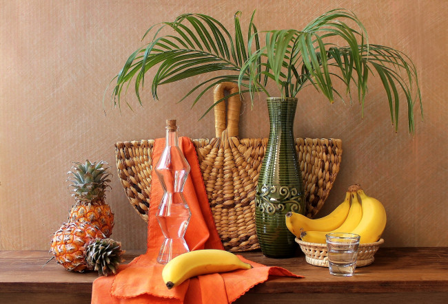 Обои картинки фото еда, натюрморт, ананасы, бананы, пальма
