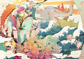обоя аниме, mononoke, тигр, цветы, вода, парень, арт, kusuriuri, звери, слон