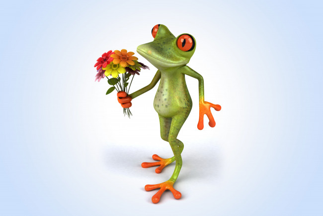 Обои картинки фото 3д графика, животные , animals, funny, frog, фон, лягушка, цветы