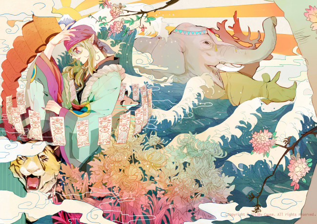Обои картинки фото аниме, mononoke, тигр, цветы, вода, парень, арт, kusuriuri, звери, слон