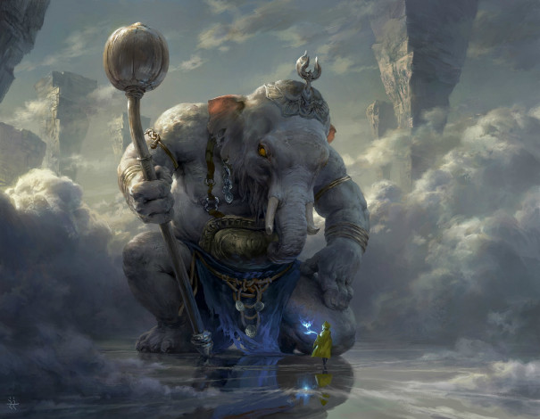 Обои картинки фото фэнтези, существа, гигант, божество, человек, облака, скалы, арт, бог, слон