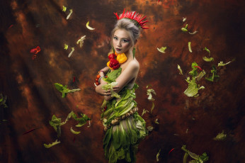 Картинка девушки -unsort+ азиатки салат листья макияж паприка девушка стиль взгляд перец грибы азиатка овощи корона фон