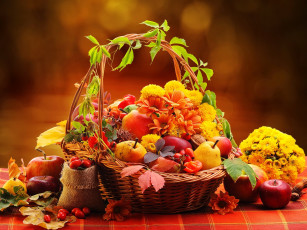 Картинка еда натюрморт хризантемы осень шиповник груши корзинка яблоки бархатцы