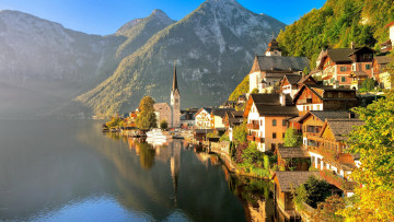Картинка города гальштат+ австрия озеро горы осень