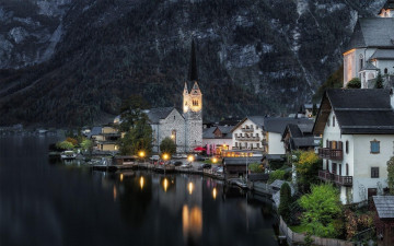 Картинка города гальштат+ австрия сумерки озеро горы