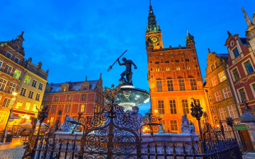 Картинка города гданьск+ польша огни фонтан вечер