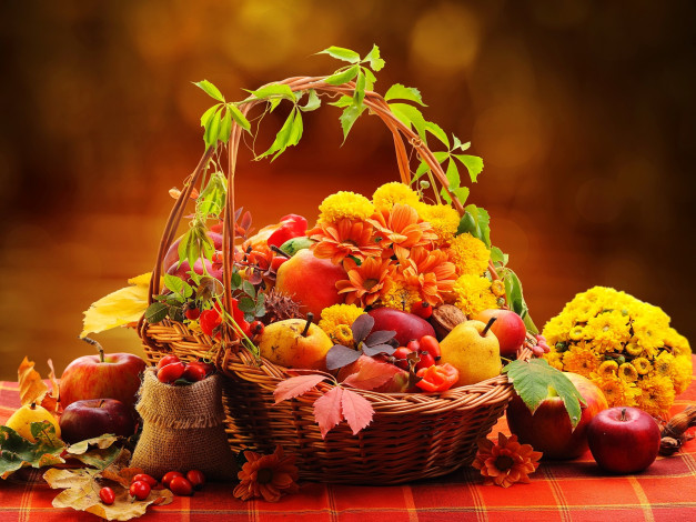 Обои картинки фото еда, натюрморт, хризантемы, осень, шиповник, груши, корзинка, яблоки, бархатцы