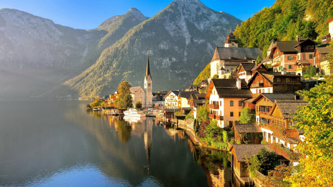 Обои картинки фото города, гальштат , австрия, озеро, горы, осень